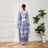 Court Style Temperament Round Collar Horn Long Sleeves Loose Celadon Print A-Word Dress Seaside Holiday