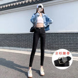 Toloer New Fall 2024 Model Wears High-Waist Elastic Tights, Pencil Pants, Blue And Gray Jeans, Children's Clothes-Outfit