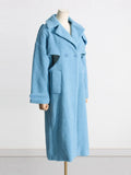 Toloer 2024 New Fashion Hollow Design Sense Kink Waist Show Thin Long Blue Plush Coat Female-Outfit