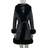PU Leather Jackets Women Fashion Tie Belt Waist Coats Women Elegant Side Pockets Faux Fur Long Jackets Female
