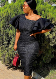 Winter Puff Sleeve One Shoulder Floral Long Bodycon
