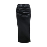 Women Spring Autumn Sexy Skirt, Adults Slim-fit Solid Color High Waist Sllim Slit Leather Skirt (Black, White)-Outfit