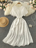 Pink/White/Green French Hollow Ruffles Dress Women O Neck Lace up Solid A-line Dresses Summer Elegant Streetwear Midi