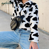 SUCHCUTE Fur Coats For Women Cow Print Teddy Jacket Modis Longslive Zipper Casual Warm Autumn Winter 2020 Harajuku Coat