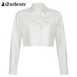 SUCHCUTE Streetwear Fashion Cropped PU Leather Jackets 90s Outfits Buttons Up Pockets Solid Basic Autumn Jacket Women's