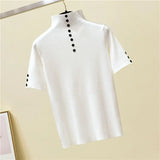 2022 Summer Vogue Knitted Button T Shirt Women Turtleneck Short Sleeve Slim Solid Tee Shirt Femme Ladies Pullover