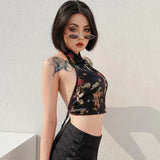Chinese Qipao Style Sexy Women Cheongsam Halter embroidery Backless Goth Vest top bow knot tied Crop Top Tee-Outfit