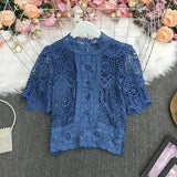 New Summer Temperament All-match stand collar flared sleeve Shirt hollow out Lace Waist slim short Shirt