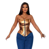 Toloer Women's Sexy Fashion Metal Bright Leather Chest Top Slim Vest Waist Waist-Outfit
