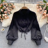 Women Korean Satin Blouse Turndown-Collar Puff Sleeve Single Breasted Slim Top Autumn Fashion Streetwear Short