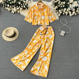 Women Summer Fashion Korean Two Piece Suits Short Sleeve Short Top+Wide Leg Long Pants Streetwear Ladies Suits Two Piece