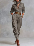 Women's Long Sleeve Shirt Collar Pocket Jumpsuits