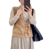New French Vintage V Neckline Knitted Vest Cardigan With Chinese Style And Fashion Sleeveless Sweater-Outfit
