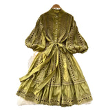 Spring And Summer New Lantern Sleeve Retro Hollow Lace Splicing Single Buckle Loose Lace Dress Dress