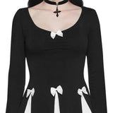 Black Long Sleeve Bow Splice Folds Mini Dress-Outfit