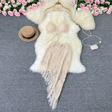 Toloer Ins Vacation Style Suit Female Design Sense Bikini Hanging Neck Vest Versatile Tassel Skirt Knit Two
