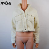 Aproms Fashion Black Pockets Buttons Jackets Women Long Sleeve Slim Crop Top Winter Coat Cool Girls Streetwear Short Jacket