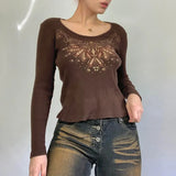 Retro Graphic Print Y2K Tops Aesthetic 90s Chic Vintage Harajuku Brown Cloth Autumn Crewneck Casual Cotton