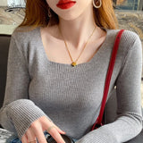 Square Collar Women's Sweater Elegant Long Sleeve Slim Sweater Knitted Bottoming Sweater Women Jumper Pull Femme