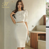 Han Queen Hot Sale Spring White 2 Pieces Set Women Short Tops + High Waist Pencil Skirts Casual Simple Office Lady Skirt Suit-Outfit