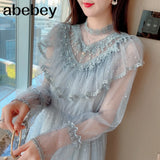 Brand New Women Romantic Tulle Dress Stand Collar Beading Tassels Ruffles Long Sleeve Mesh Dress Cute Mid Dress
