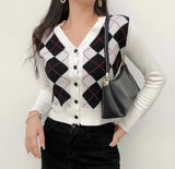 Cardigan Sweater Women 2022 Fall Winter Vintage V-Neck Plaid Sweater Fashion Long Sleeve Short Knitted Sweater England Style
