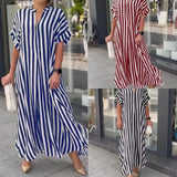 Toloer Women's Fashion Side Slit Stripe Loose Casual Short-Sleeved Dress-Outfit