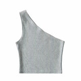 Toloer Autumn / Winter Ebay Sleeveless Diagonal Shoulder Vest Female Ins Fashion Wear A Slim Open Shoulder Short Crop Top-Outfit