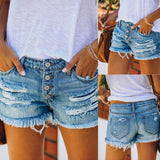 Tide Women Hole Tuxedo Denim Straight Buckle Shorts Women Hot