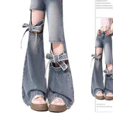 Mm Large Street Hottie Bow Trumpet Micro-Tight Jeans Girl Retro Hollow Horn Long