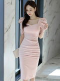 Han Queen Summer Women's Pink Dresses Office Bodycon Pencil Sheath Dress Elegant Simple Slim Party Knee-Lengtgh Vestidos-Outfit
