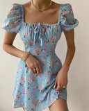 Women's Summer French Bubble Sleeves Crush Flower Dopamine Wear Dresses Women's Elegant Bubble Sleeve