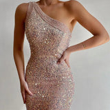 Women's Winter 2025 Pink Open Fork Dress Single Shoulder Squined