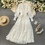 Holiday Dress Spring Dress 2023 New Goddess Temperament V-Collar Rope-Drawn Waist Dress-Outfit