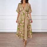 Summer New Sexy V-Neck Short-Sleeved Print Waist Dress Women's