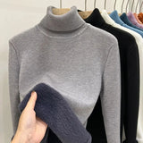 Velvet Turtleneck Pullovers Women Korean Fashion Lined Warm Sueter Knitted Slim Top Winter Jersey Knitwear Jumper