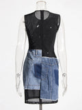 Trendy Women's Sleeveless Jeans Women's New Mesh Splicing Short Women's Dress Women's Clothing Tide In The Autumn And Winter Of