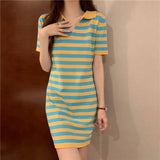 Version Of Temperament Striped T-Shirt Dress Retro POLO Received Waist-Skinny Straight Dress Summer Dress