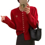 And Winter New Christmas Red Bow Knitted Cardigan Women's Korean Version Shows The Temperament Of Short Style Thin Sweater-Outfit