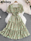 Sexy Square Collar Short Sleeve Women Midi Dress Beach Vacation Party Robe Female Elegant High Waist