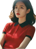 Toloer Splicing Bump Color Collar Knitting Shoulder Short-Sleeved T-Shirt Vertical Texture Thin Summer Women's Korean