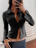Striped Casual Open-Shirt Button Long-Sleeved