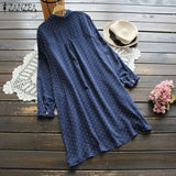 2021 Autumn Polka Dot Long Shirt Vestido Vintage Women Blouse Casual Lapel Neck Long Sleeve Loose Cotton Linen Top