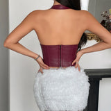 Women's Fashion PU Leather Hanging Neck Sexy Strap Tucked Waist Small Vest Top