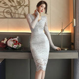 Han Queen New Bodycon Lace Dress Women V-Neck Hollow Out Spring Autumn Pencil Vestidos Knee-Length Casual Party Office Dresses-Outfit