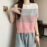 Gradient Striped T-Shirt Women's Summer New Oceanic Ice Silk Sleeve