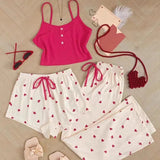 New Peach Hearted Pajamas Women's Spring And Summer Sweet And Cute Three-Piece Set Of Hanging Trousers Short Sexy