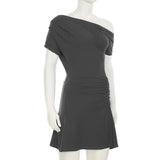 Grey Short Sleeve Off-Shoulder Ruched Mini Dress-Outfit
