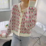 2022 Korean Style Loose Soft Autumn Winter Knitted Cardigan Long Sleeve Round Neck Flower Sweater Fashion Short Women's