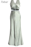 Temperament Slim Dress For Women Halter Sleeveless High Waist Backless Spliced Diamonds Bodycon Long Dresses Female